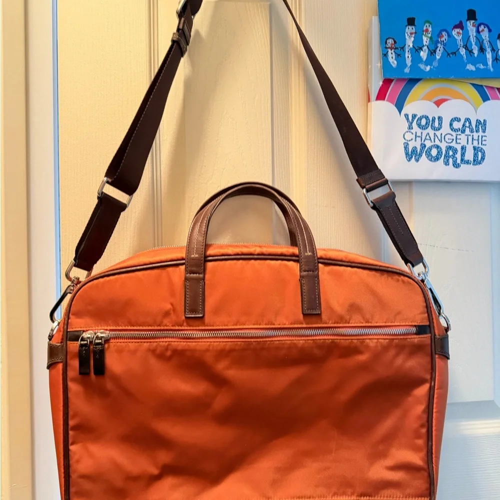 Tumi Orange Nylon Laptop Briefcase with Brown Leather Trim